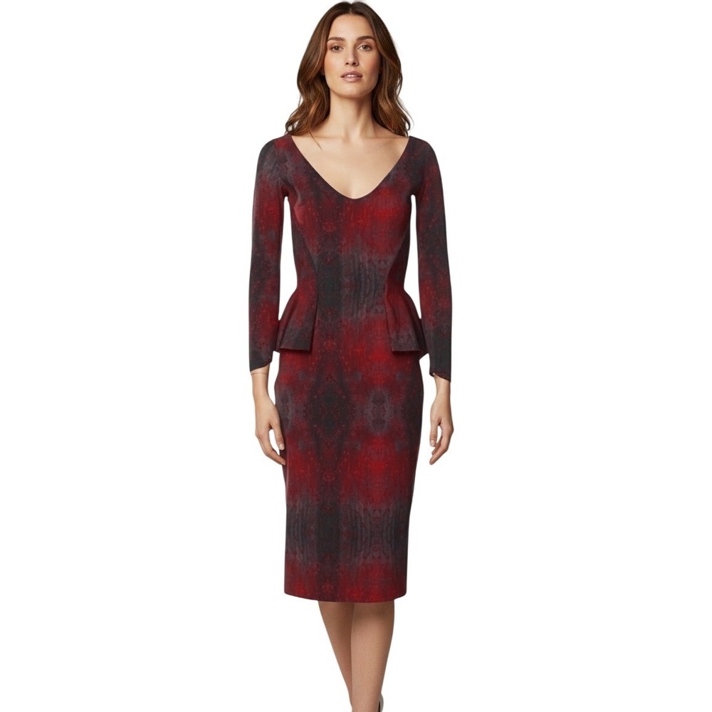 Chiara Boni La Petite Robe Red Black Abstract Peplum Sheath Dress Italy US 10